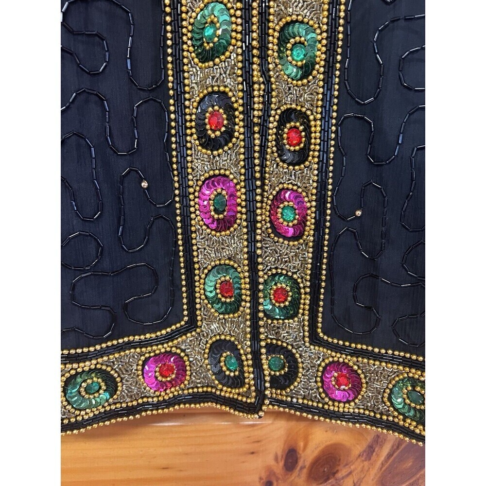 Vintage Laurence Kazar New York Beaded Jacket M Black & Gold With Multicolored - Picture 6 of 7
